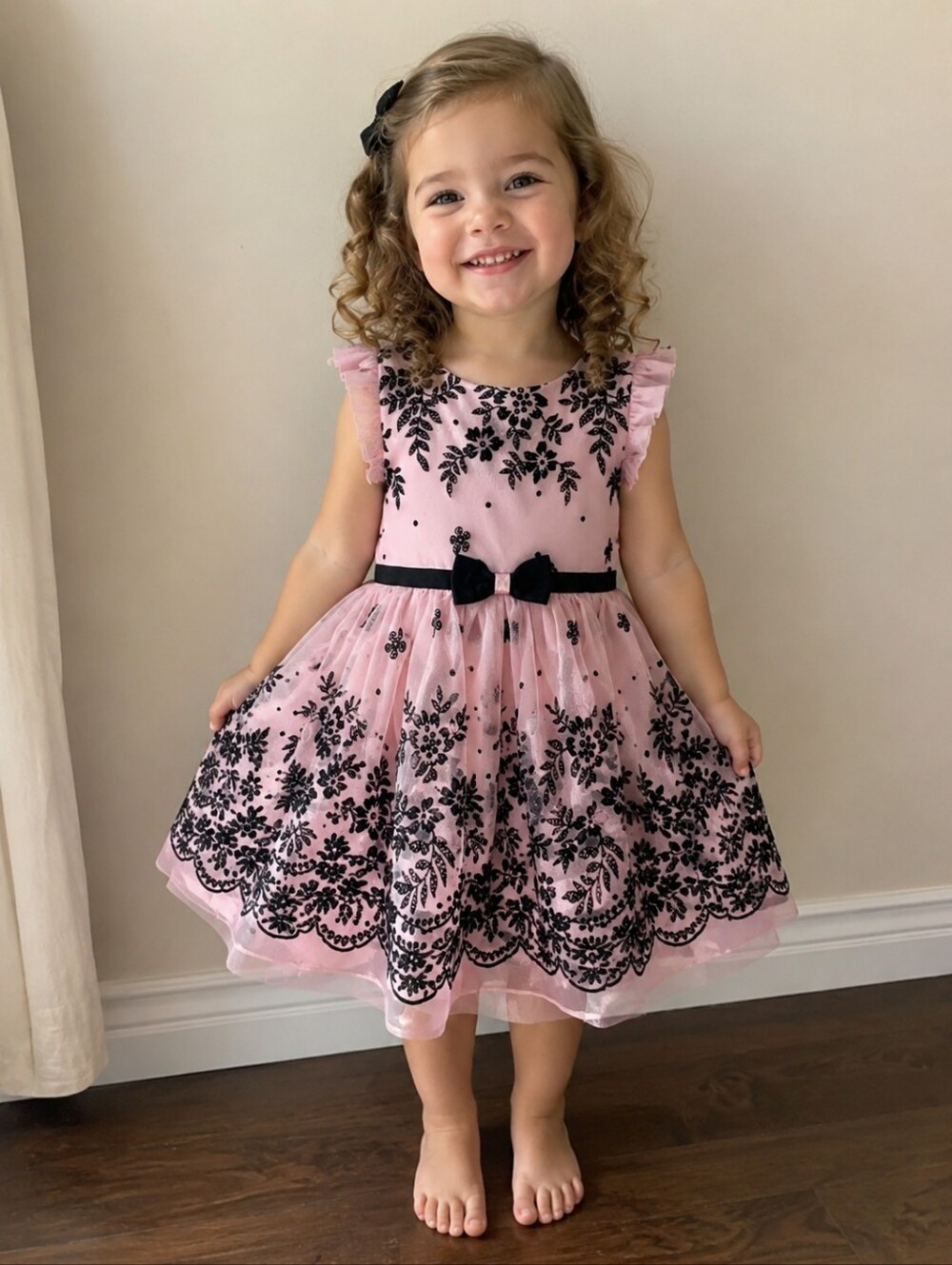 Toddler Girls Pink & Black Floral Flocked Party Dress Size 3T